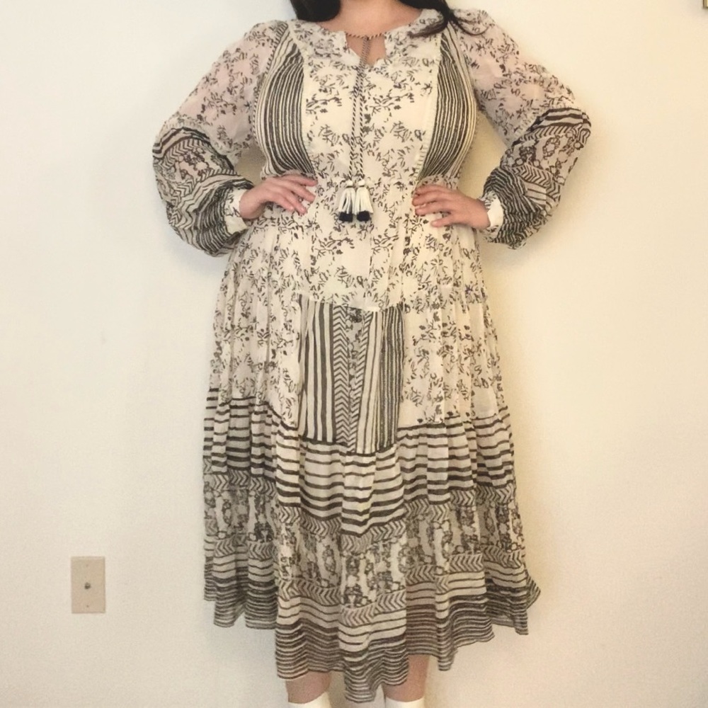 Anthropologie Off-White and Black Cottagecore Bohemian Midi Dress